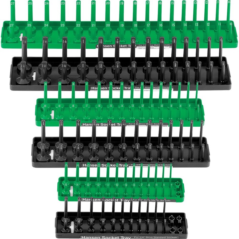 6 Piece Socket Tray Set – 2 Row – 1/4″, 3/8″, 1/2″ – Green (Metric) Black (SAE)