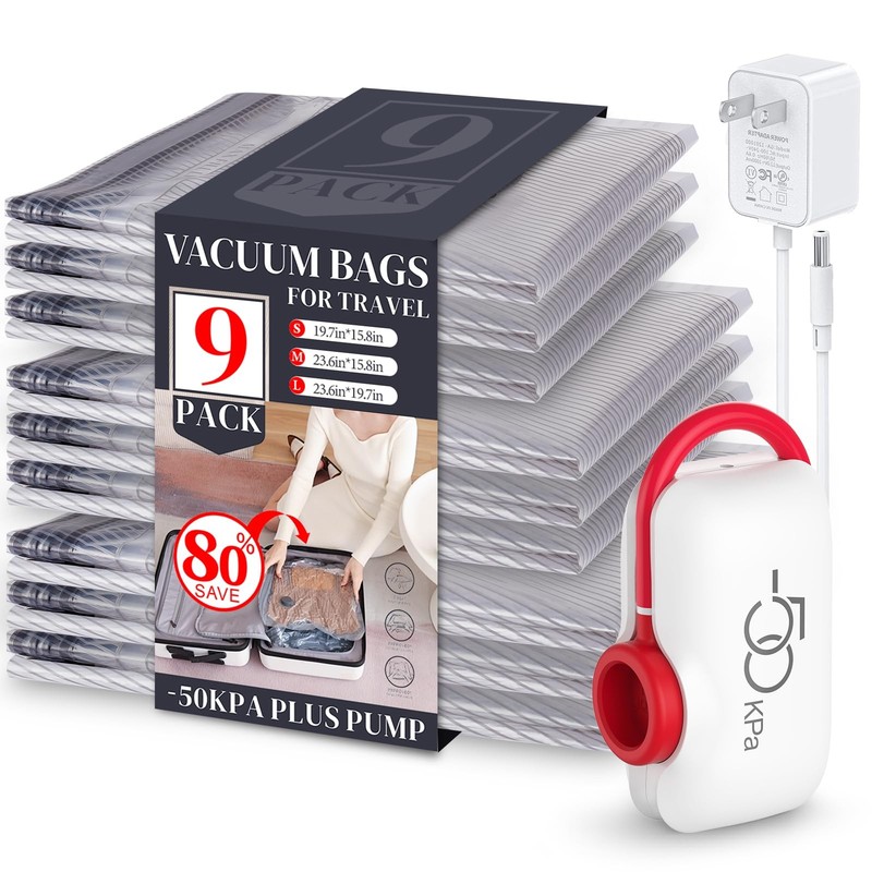 VMstr 9-Pack Vacuum Seal Bags for 9 Combo + 1 USB Pump, Red and white