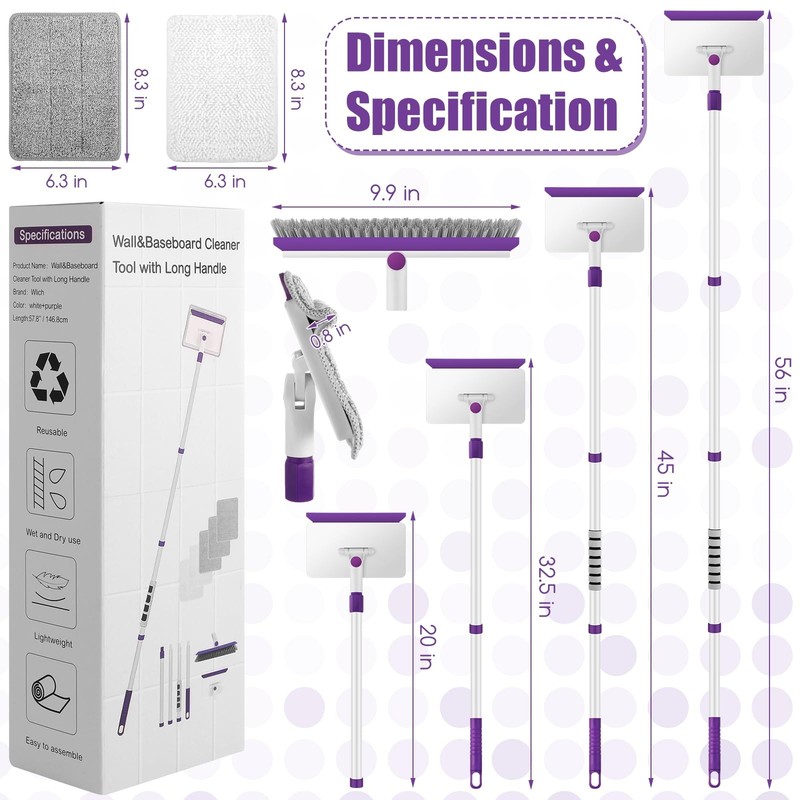 Baseboard Cleaner Tool with Handle, 60" Extendable Long Handle Purple, White gallery