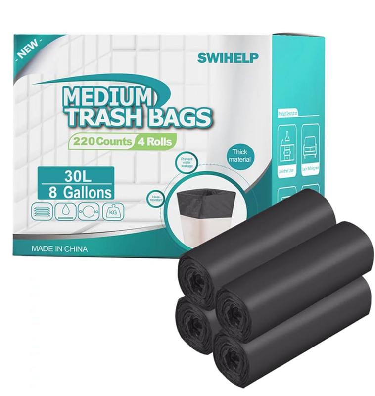220 Count Garbage Bags 8 Gallon /30 Liter Trash Bags Tear-Resistant for Camping