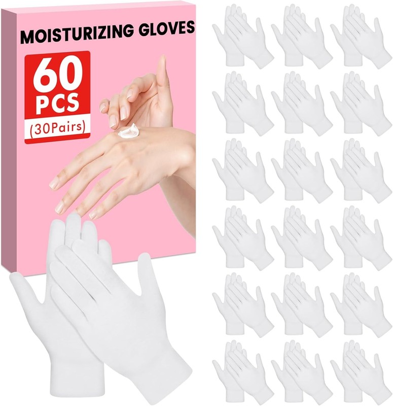 60 Pcs White Cotton Gloves for Dry Hands Sleeping, Soft Moisturizing