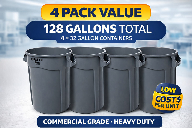 Rubbermaid BRUTE 32 Gallon Trash Can Gray 4 Pack Heavy Duty FG263200GRAY