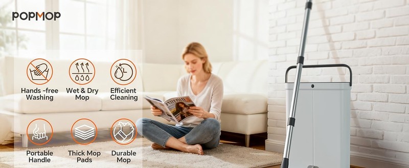 Compact Floor Mop and Bucket - Flat Mop and Bucket with Wringer Set Hands Free | gallery