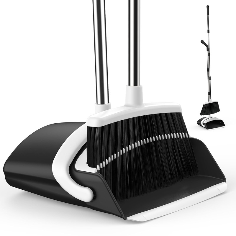 EZKEY Broom and Dustpan Set for Home, 51-in Long Medium, Black White