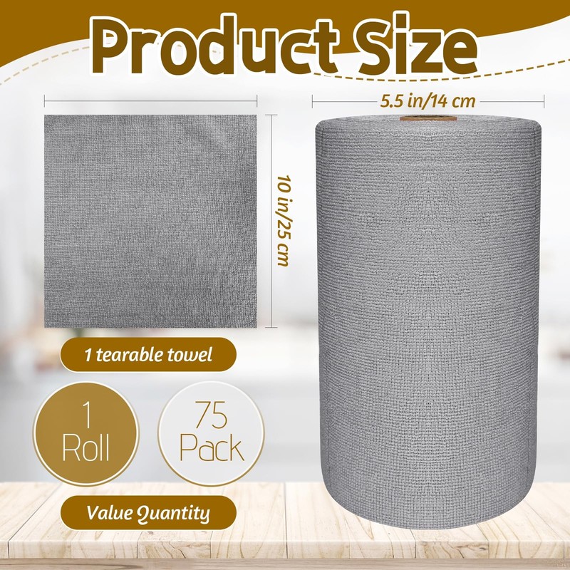 OJYUDD 75 Pack Microfiber Cleaning Cloth Roll,Reusable 10 X 10 Inches, Grey gallery