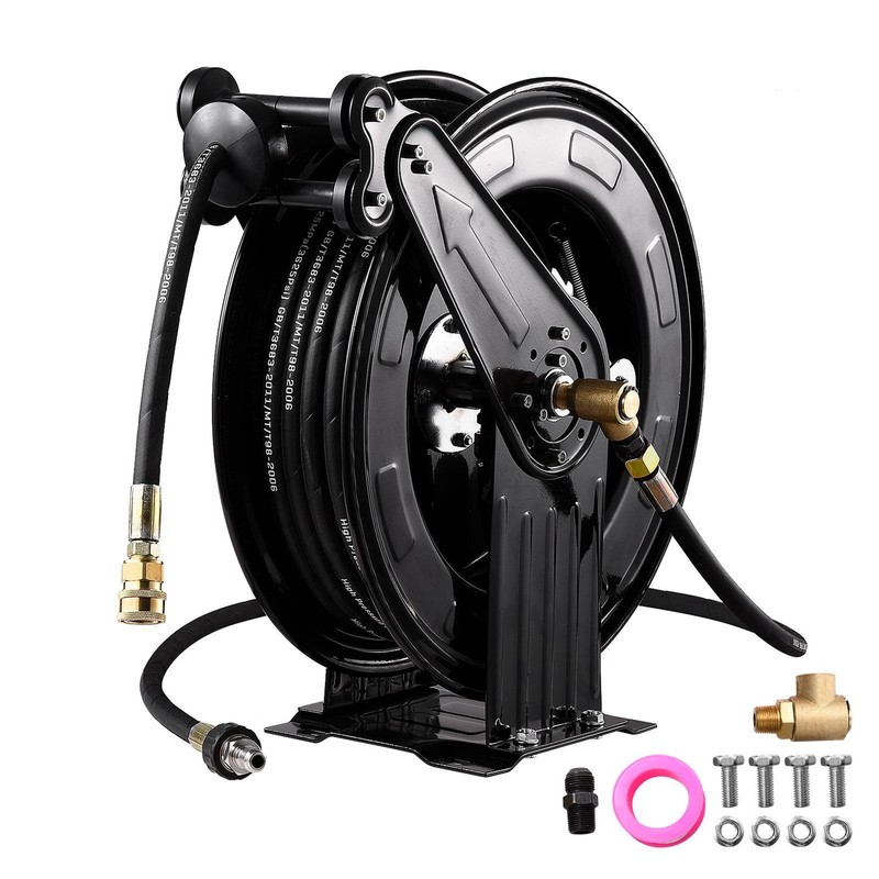 Heavy Duty 3/8″ x 50 ft Retractable Pressure Washer Hose Reel, 4000PSI Hose