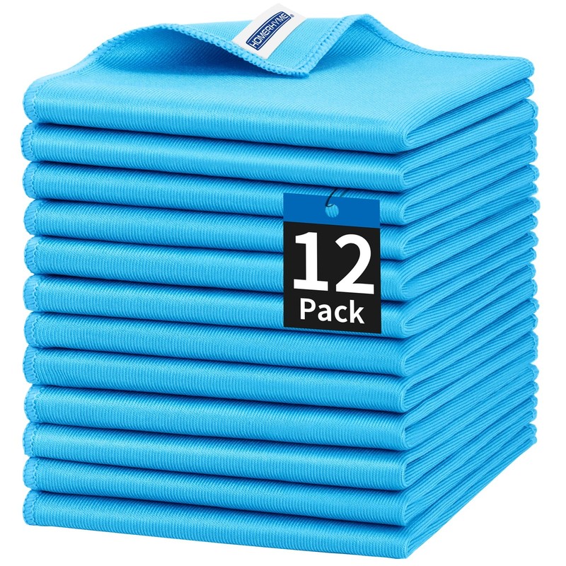 HOMERHYME Microfiber Glass Cleaning Cloth, 12 Pack Window 12″ x 12″, Blue