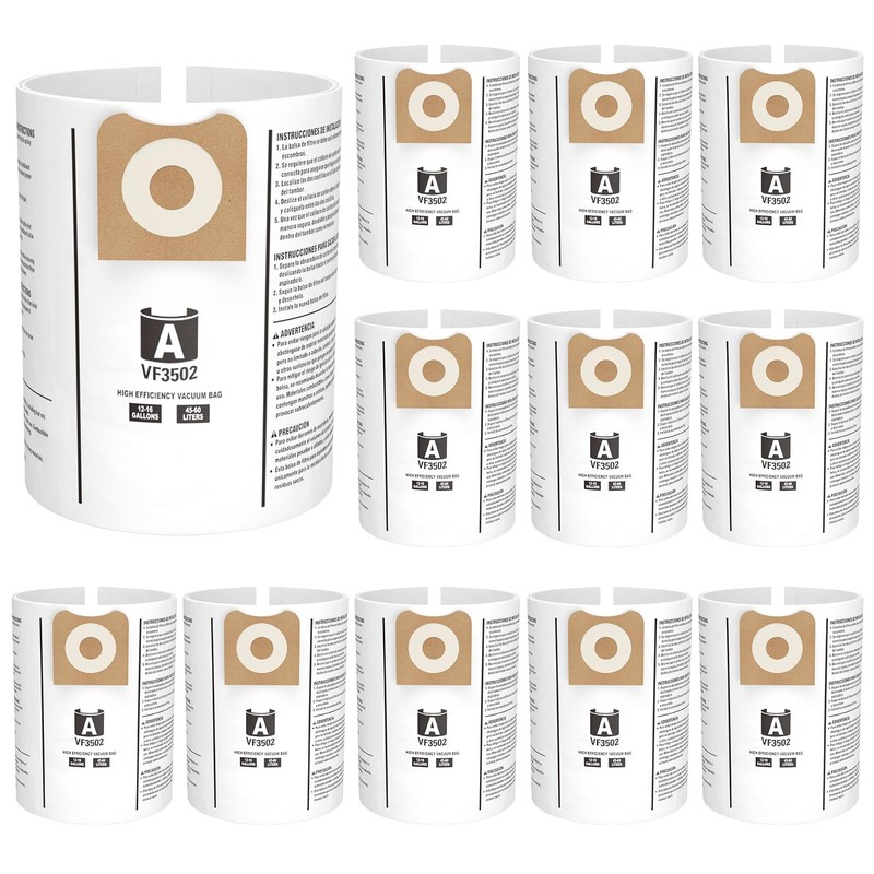 12 Pack 23743 VF3502 Vacuum Bags Compatible with Ridgid 12 Pack, White