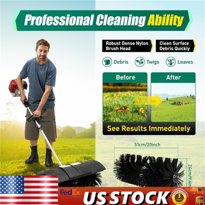 Gas Power Handheld Sweeper Broom Driveway Turf Artificial Grass Snow Clean 52CC