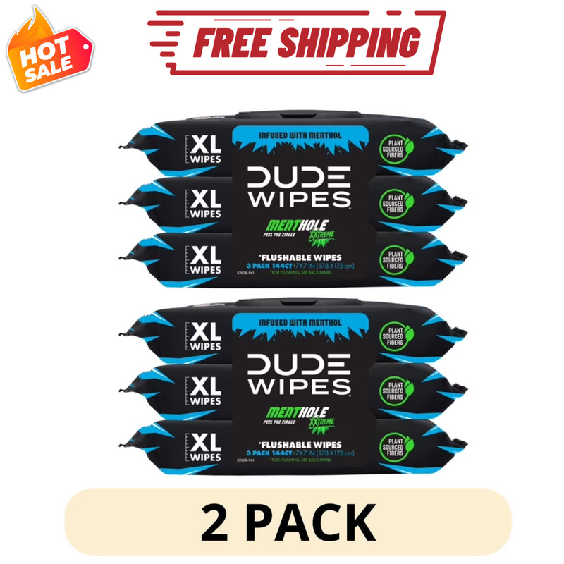 2Pack DUDE Wipes XL Flushable Wet Wipes MentHOLE XXtreme 144 Ct Pack