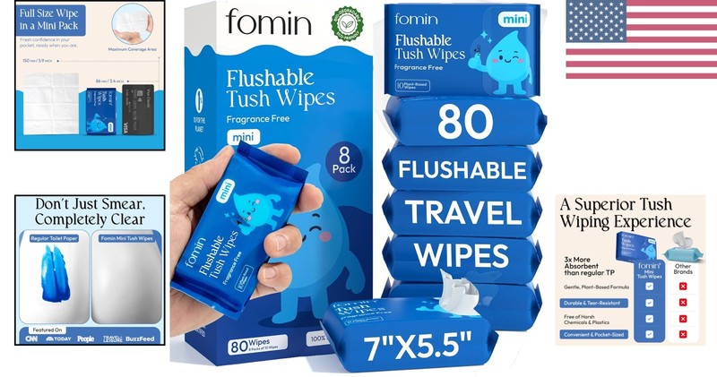 Flushable Tush Wipes 8 Pack - Unscented Travel Size, Eco-Friendly & pH Balanced gallery