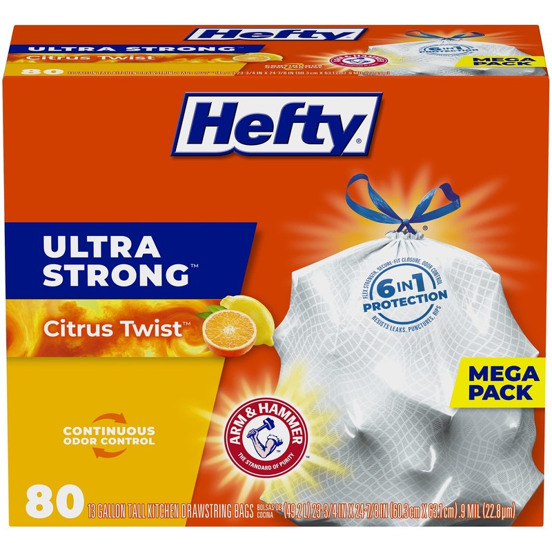 Hefty Ultra Strong Tall Kitchen Trash Bags Citrus Twist Scent 13 Gallon 80 Count