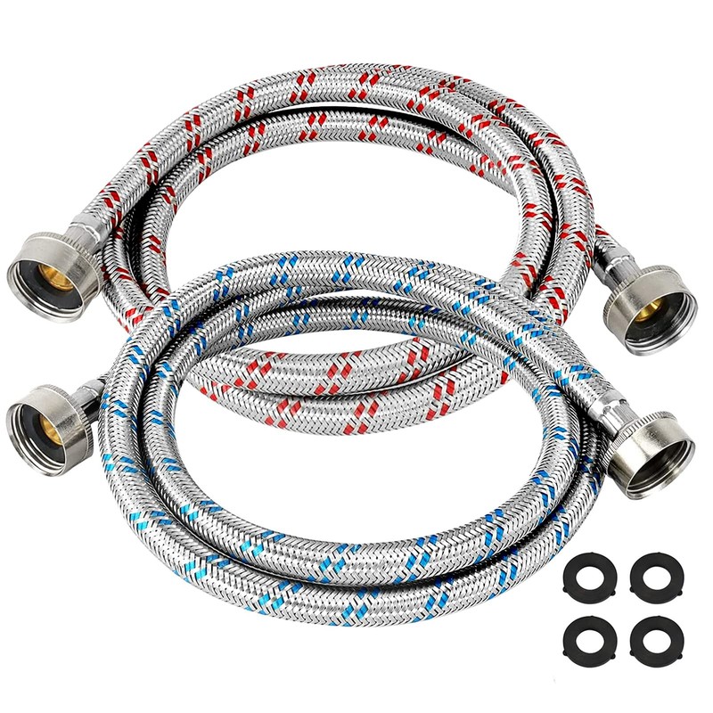 Beaquicy 4 Ft Washing Machine Hoses Burst Proof Braided 4 Feet, Red and Blue