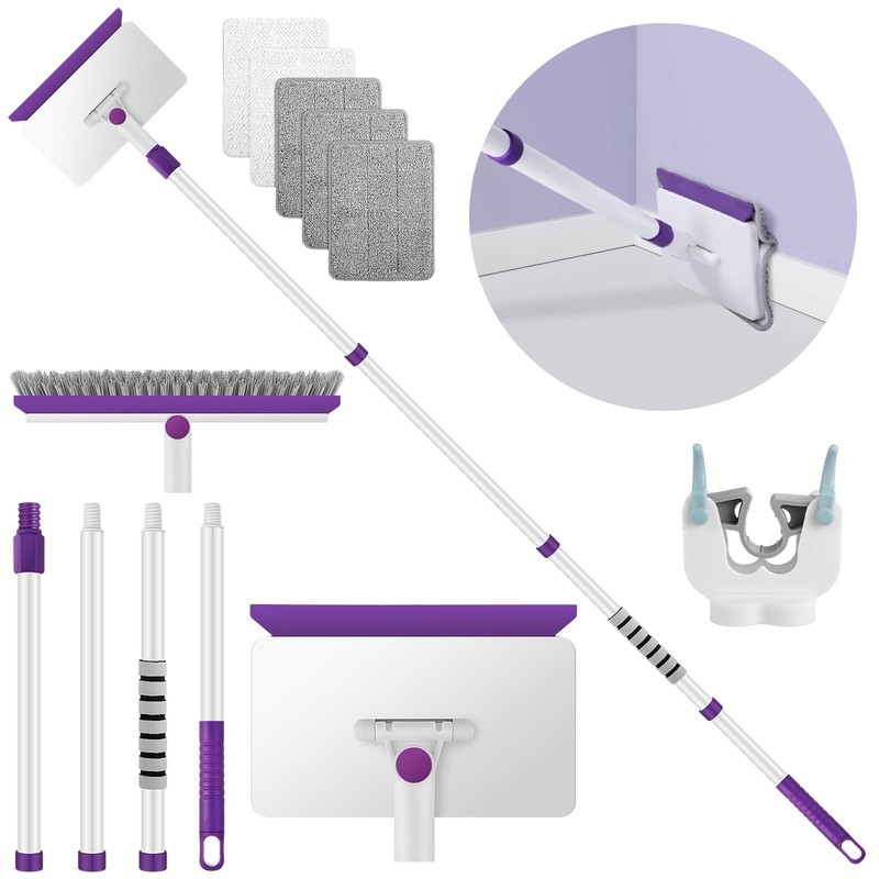 Baseboard Cleaner Tool with Handle, 60″ Extendable Long Handle Purple, White