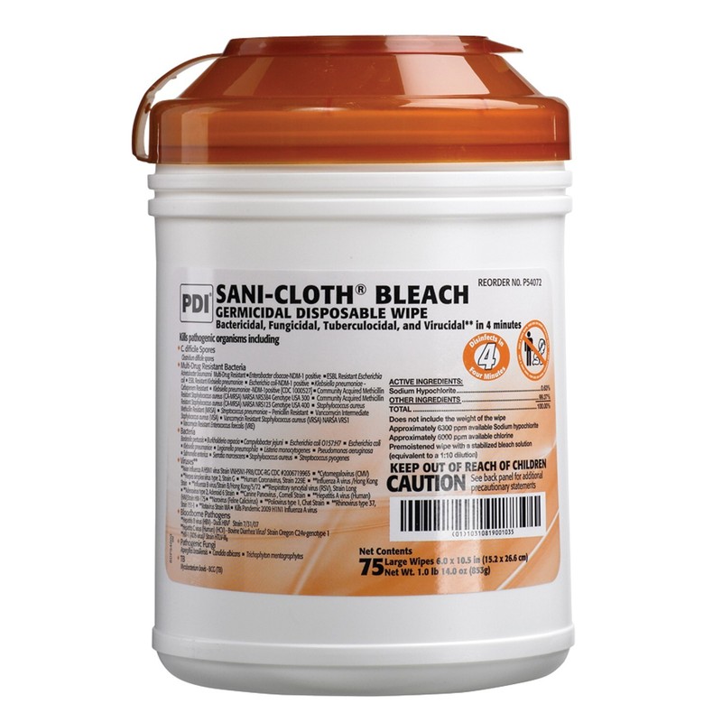 PDI Sani-Cloth Bleach Germicidal Disposable Wipe, Large Canister 75 WIPES