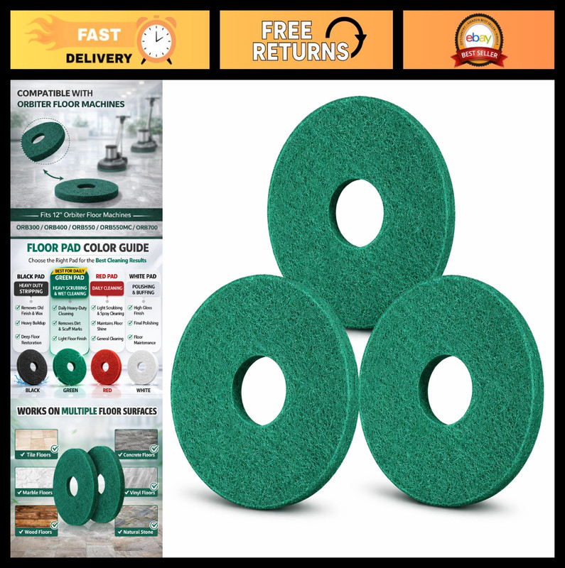 12″ Cleaning Orbiter Pads – 3pcs Green for Oreck Floor Scrubber & Buffer, Deep C
