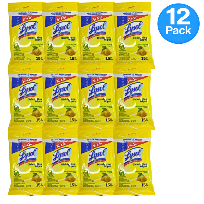 Lysol Disinfecting Wipes To Go Lemon & Lime Blossom Scent 15 Count 12 Pack New
