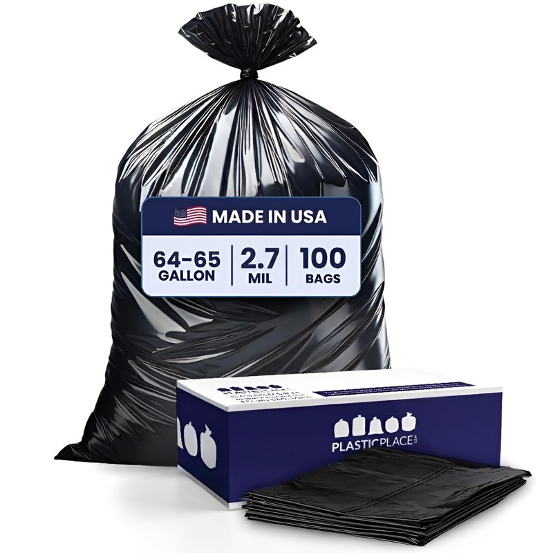 Plasticplace 65 Gallon Trash Bags – 2.7 Mil Black Heavy Duty Garbage Can Liners