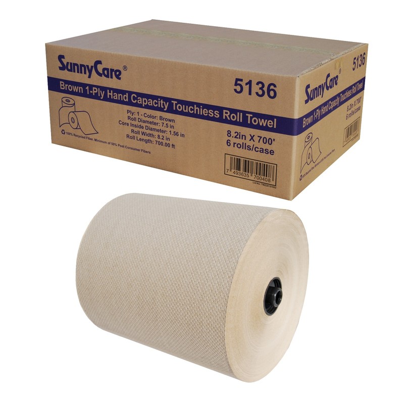 8.2'' Brown 1-Ply Paper Hand Capacity Touchiess Roll Towel 8.2"x700' 6 rolls/cs