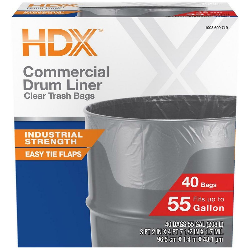 HDX Commercial Clear Heavy-Duty Flap Tie Drum Liner Trash Bags 55 Gallon 40 ct