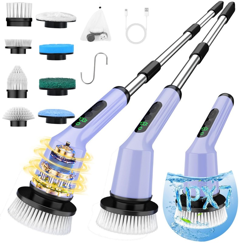 Shower Scrubber with Long Handle, Shower Cleaner Brush with 8 Floor Machine P...