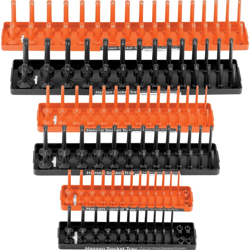 6 Piece Socket Tray Set – 2 Row – 1/4″, 3/8″, 1/2″ – Orange (Metric) Black (SAE)