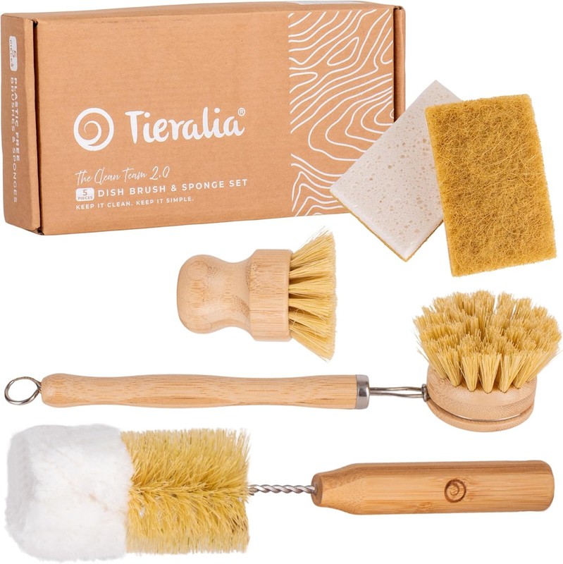 Bamboo Dish Brush Set 5 Piece – Eco Friendly Kitchen Cleaning Kit with Bottle