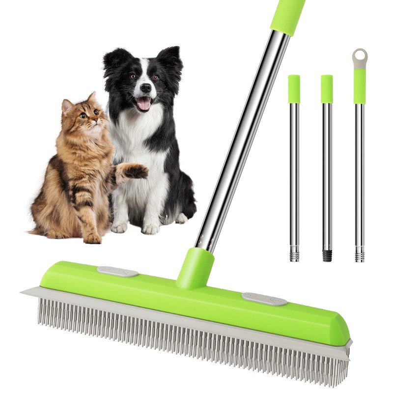 Pet Hair Removal Rubber Broom, Carpet rake with Squeegee for Cleaning Green