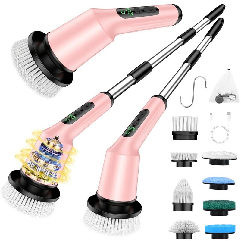 Shower Scrubber with Long Handle, Shower Cleaner Brush with 8 Floor Machine P...