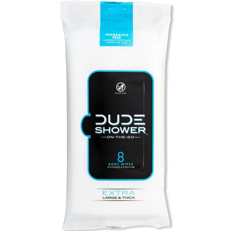 DUDE Wipes Fragrance Free On-The-Go Shower Wipes, 8 Count (Pack of 1), White