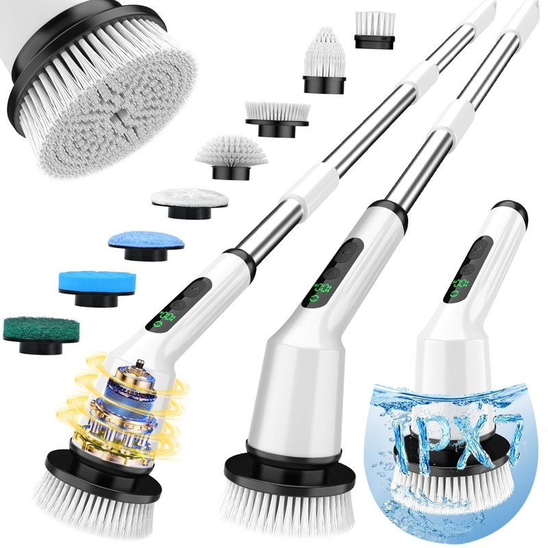Shower Scrubber with Long Handle, Shower Cleaner Brush with 8 Floor Machine P...