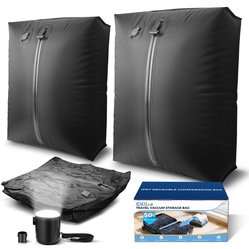 Travel Vacuum Bags with Pump, IP67 Reusable 2PC-PUMP, Black