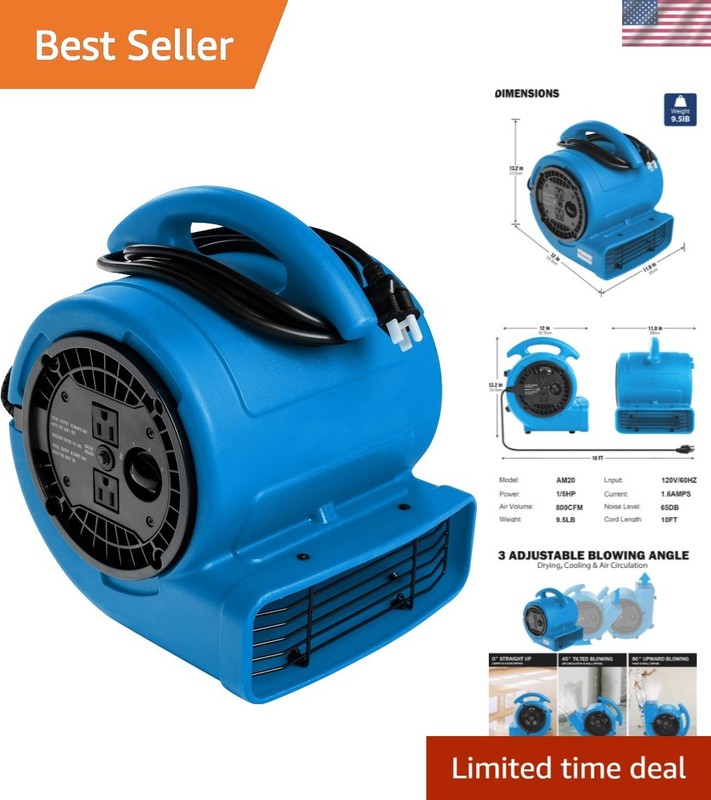 1/5hp Air Mover 800cfm Blower Fan Carpet Floor Drying Fan - 3-Speed Compact A...