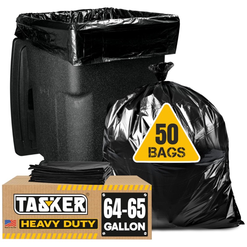 Tasker 64 Gallon Trash Bags Heavy Duty (Value-PACK 50 Bags w/Ties) 64 Gallon Tra