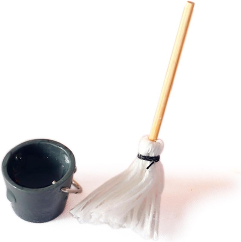 Miniature Resin Mop Bucket, Dollhouse Mini Mop Bucket Set, 1:12 Scale Cleaning