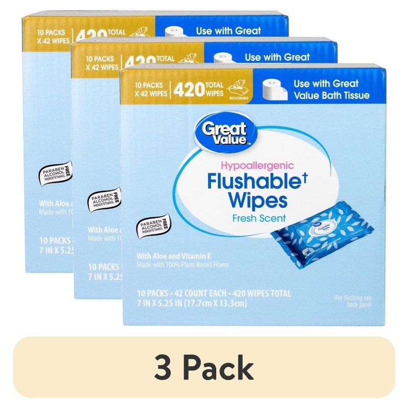Flushable Moisturizing Cleaning Wipes 3 Pack 10 Resealable Pouches 420 Count