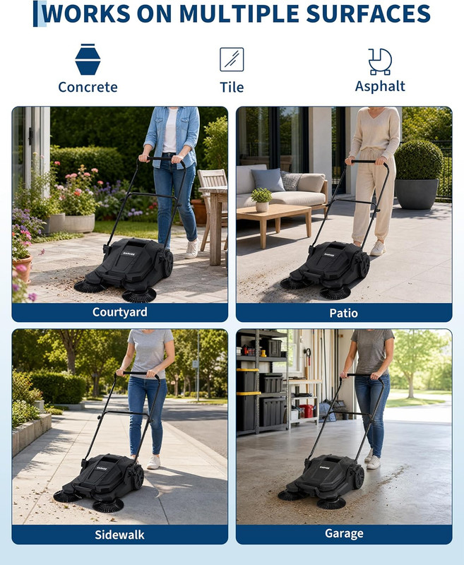 Walk-Behind Hand Push Floor Sweeper, 25.6 in Sweeping Width Manual Non-Electric, gallery