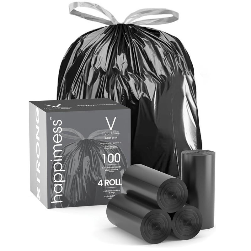 Happimess Hpm3000V-Black 100-Count 30 Gallon Drawstring Unscented Trash Can