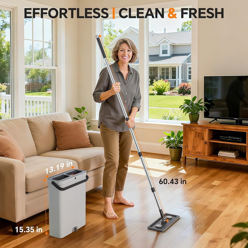 Compact Floor Mop and Bucket - Flat Mop and Bucket with Wringer Set Hands Free | gallery