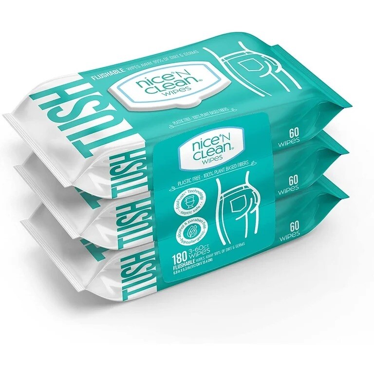 Nice N Clean Plant-Based Flushable Wet Wipes, 3 Flip-Top Packs (180 Total Wipes)