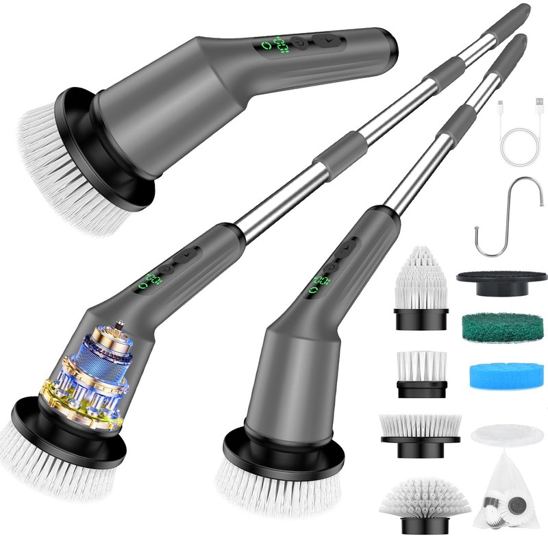Shower Scrubber with Long Handle, Shower Cleaner Brush with 8 Floor Machine P...