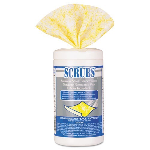 SCRUBS Stainless Steel Cleaner Towel, 1-Ply, 9.75×10.5, Lemon Scent, 30/Canister