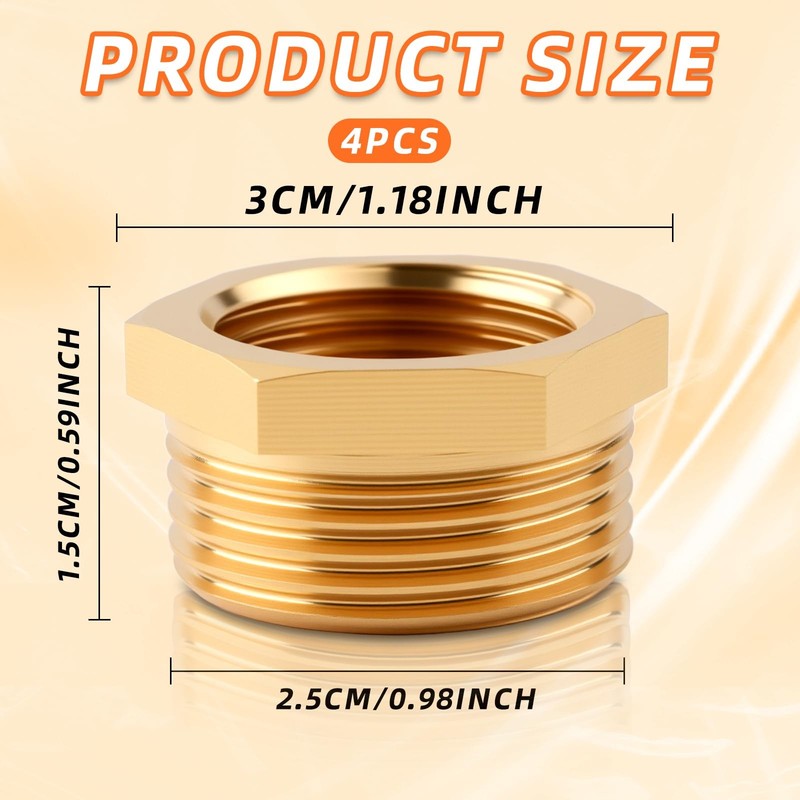 3/4" GHT Male to 1/2" NPT Female Brass Hose Adapter - 4 Pack 0.5 inches, Gold gallery