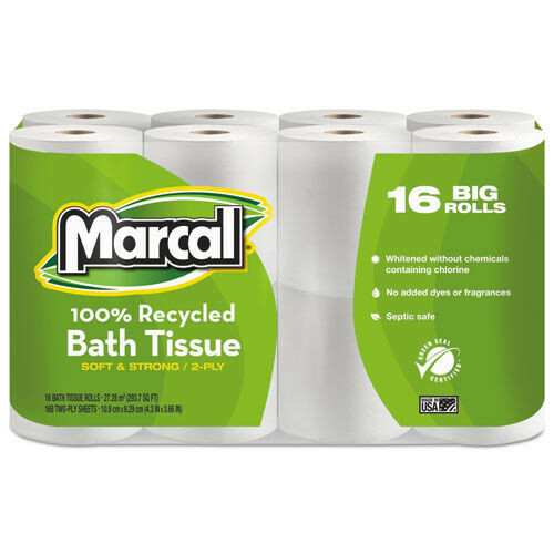 Marcal 1646616PK 2 Ply Septic Safe Recycled Bath Tissues – White (16/Pack) New