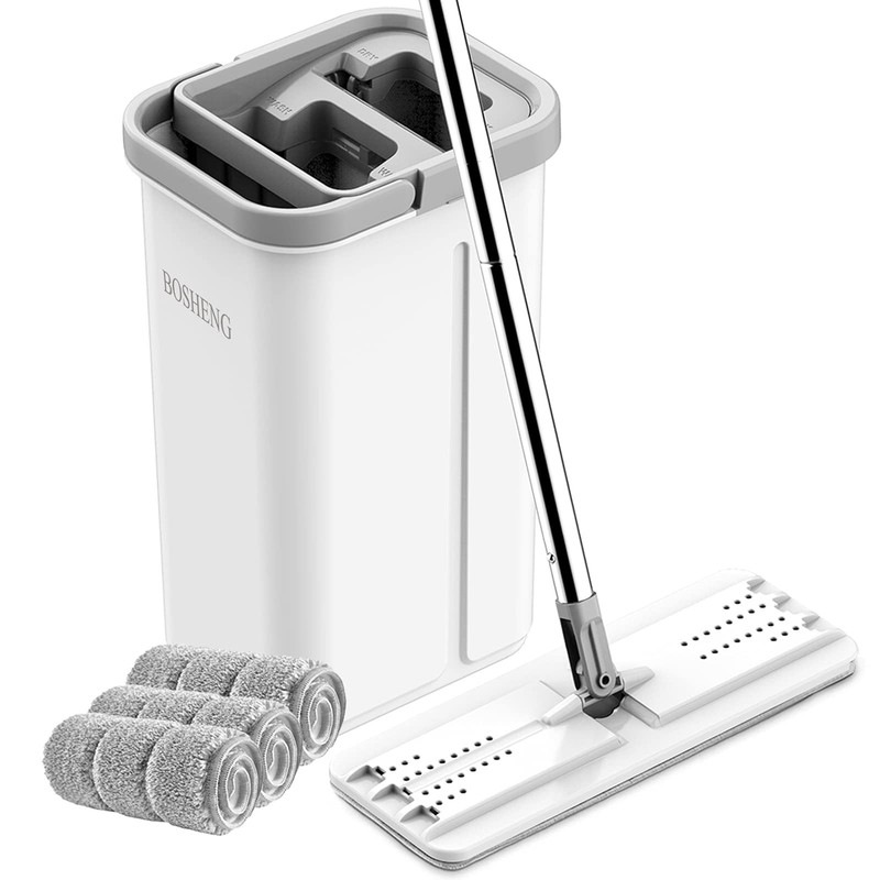 BOSHENG Mop and Bucket with Wringer Set, Hands Free Flat Floor Mop and Bucket…