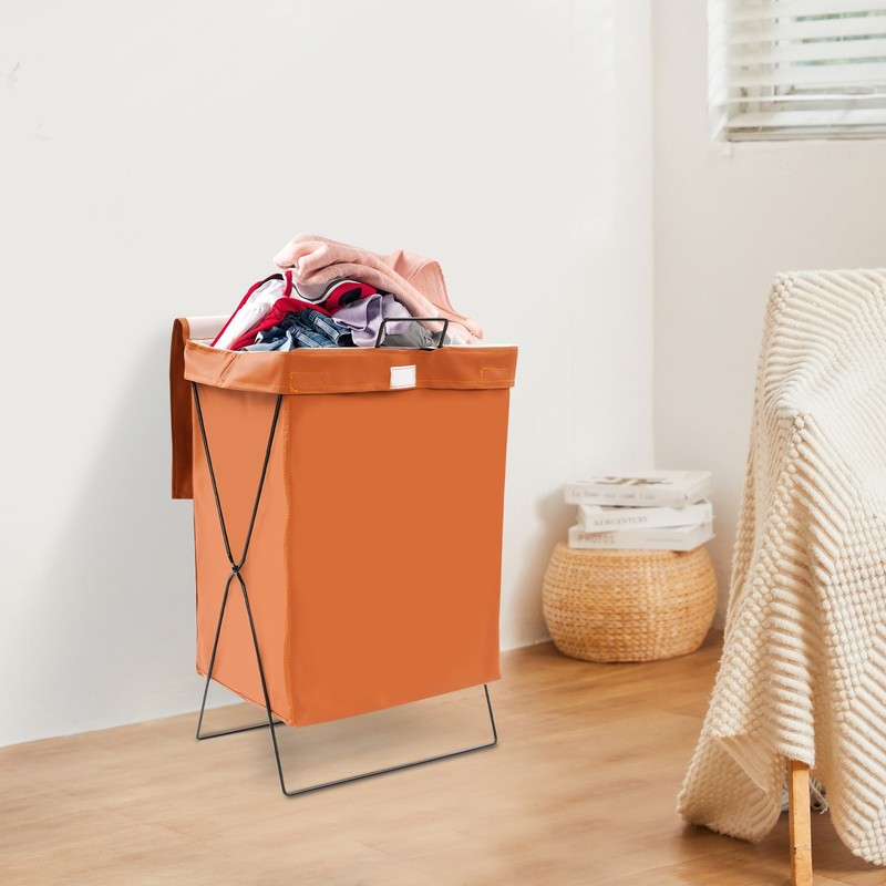 Brown + Black Laundry Hamper X-Frame Laundry Basket, Dirty Clothes Basket w/Lid