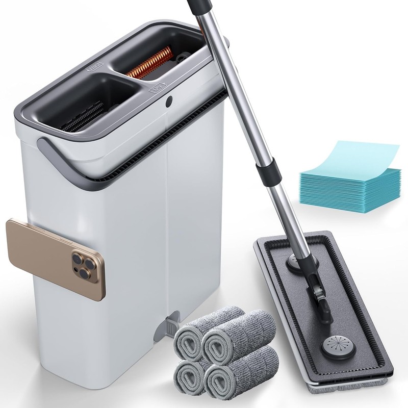 Compact Floor Mop and Bucket – Flat Mop and Bucket with Wringer Set Hands Free |