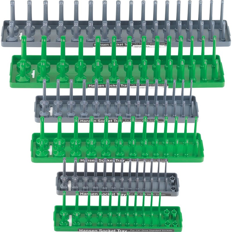 6 Piece Socket Tray Set – 2 Row – 1/4″, 3/8″, 1/2″ – Grey (Metric) Green (SAE)