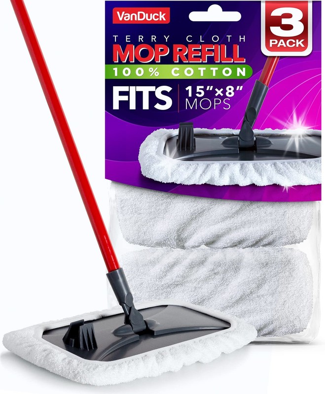 VanDuck 100% Cotton Terry Mop Pads 15×8 Inches 3 Count (Pack of 1), White