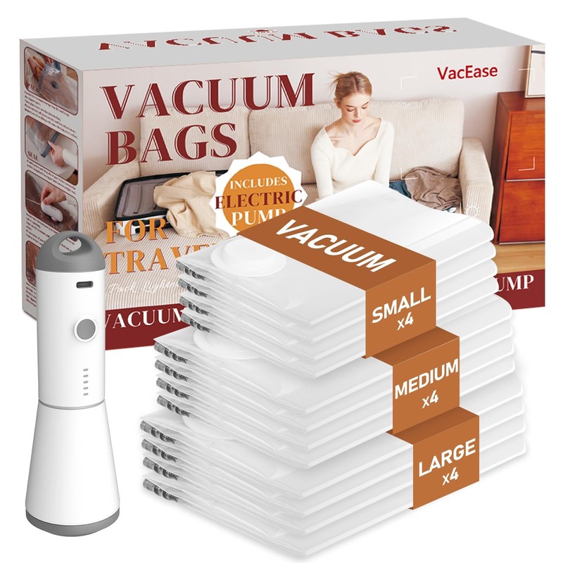 Vacbird Travel Vacuum Storage Bags with Rechargeable Cordless 12 Combo, White